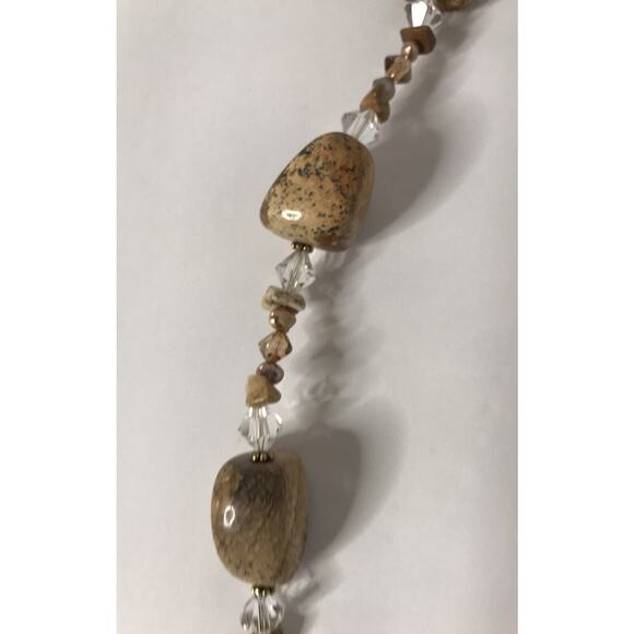 Bohemian Glass Beaded Necklace Agate Champagne Beige Stone Earthy Statement 20"" - Picture 7 of 10